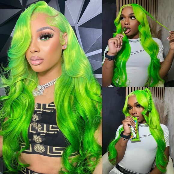 Dirty Ombre Green 13x4 Lace Front Wig – 26” Wavy Glueless Heat Resistance Wig - Picture 1 of 5